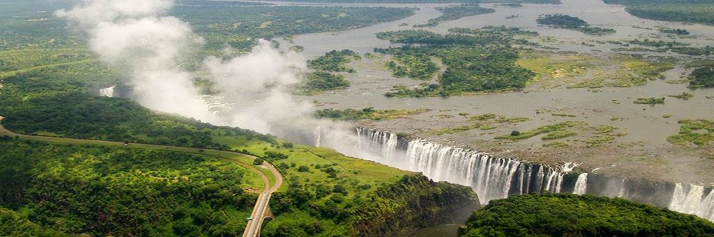 aerial view of Victoria Falls in flood